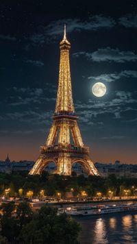 Eiffel Tower, full moon behind, glowing, beautiful night view of Paris. Nature Canvas