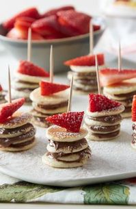 Strawberry and Nutella Pancake Stackers. Perfect bite-sized recipe for breakfast, brunch, or Mother's Day.