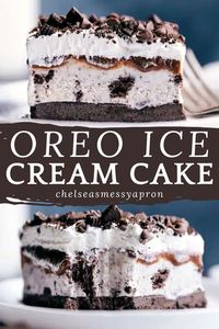 Thick, sweet, and delicious Oreo Ice Cream Cake with an Oreo crust, cookies and cream ice cream, hot fudge, and whipped topping. #dessert #best #quick #easy #simple #nobake #oreocrust #oreoicecream #cake