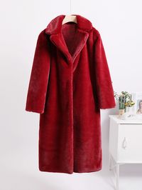 Christmas Lapel Collar Colorblock Faux Fur Mid-length Coat