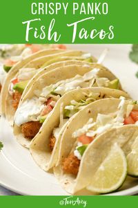 Crispy Panko Fish Tacos - Beer battered panko fish tacos with perfect crunch & amazing flavor, topped with sour cream lime sauce. Mexican recipe with a twist. | ToriAvey.com #fishtacos #beerbatter #panko #sourcream #dairy #fish #mexicanfusion #mexicanfood #tacos #TorisKitchen