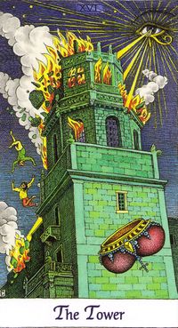 16 - The Tower | Cosmic Tarot by Norbert Lösche | The Eye of God shoots out lightning bolts. One of them sets a Tower on fire, Two people and a crown tumble down into the deep. Meaning: chance for a new start, liberation, enthusiasm, breaking up of constricting convictions. Reversed: forced change, breakdown, ruin, fight, catastrophe, destruction, arrogance, intolerance and disappointment.