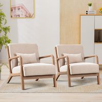 EBELLO  This accent chair features curved wicker armrests and splayed legs for added hand comfort and chair stability. It is made with a solid and engineered wood frame and rests on tapered wood legs in natural tones.