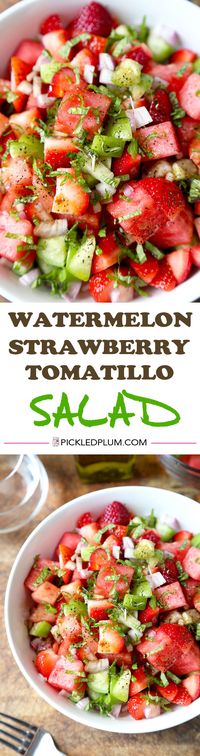 Watermelon, Strawberry & Tomatillo Salad - Only 10 minutes to make from start to finish and maybe the most refreshing salad you'll have this summer! Vegan and Gluten-Free Recipe