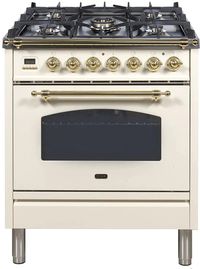 ILVE 30-Inch Nostalgie Series Freestanding Single Oven Dual Fuel Range with 5 Sealed Burners - UPN76DMPRALY This 30" Italian dual fuel range by Ilve comes with 5 sealed brass burners and a 3 cu. ft. capacity true convection oven. It also features cast iron, heavy duty trivets and burners, deep recessed stainless steel spill tray, electronic ignition and an electric rotisserie. FEATURES: Nostalgie Gas Range: The Nostalgie immediately states its vocation as a range, designed and made for the most