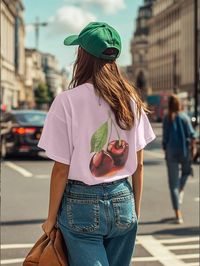 Women's Crew Neck Short Sleeve Cherry Print Simple T-Shirt, Casual Daily Wear Summer Graphic Tee Baby Pink Casual  Short Sleeve Knitted Fabric Plain,Fruit&Vegetable  Medium Stretch Summer Women Clothing, size features are:Bust: ,Length: ,Sleeve Length: