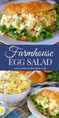 This is THE BEST egg salad recipe! Easy, southern, delicious, this Farmhouse style egg salad has pickle relish, pimentos, celery and green onion. #sandwiches #simple #classic