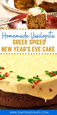 Vasilopita cake, also known as New Year’s cake, is served on New Year’s Eve, right at midnight. There’s a coin baked into it and whoever ends up with the slice that contains the hidden coin is considered the “lucky” one for the year. This is a fun tradition and a great excuse to serve up this delicious cake. #cakes #desserts #greekdesserts #dimitrasdishes