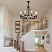 The farmhouse chandelier features a high-quality and durable black metal wagon wheel frame design, with a 10 light providing 360 ° light coverage, providing bright lighting for your decorative space. Metal black finish with exposed bulbs are blended for a rustic farmhouse feel with a modern edge. Multi-process to keep the bracket durable, with no rust, not easy to oxidize, stable, and long life. No matter where you place it, you will enjoy the fixture's soft illumination and beautiful look. Grac