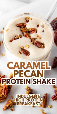 This Caramel Pecan Protein Shake is a high protein dessert-inspired shake. Medjool dates give the caramel flavor and pair deliciously with the pecans. Makes a great protein breakfast or snack! Indulge in the full recipe or save half for later.