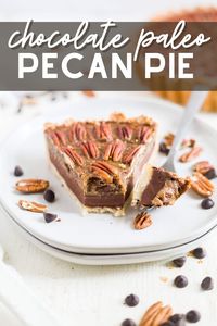 This chocolate paleo pecan pie recipe is dairy free, gluten free and refined sugar free! It's a great clean eating recipe for Thanksgiving. The crust is made with almond flour and coconut flour and the filling has no corn syrup and is made with rich chocolate and salted caramel.