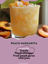 🍑 Savor the sweet delight of a Peach Margarita! 🍹✨ #PeachMargarita #SweetSips Peach Margarita Ingredients: Tequila (2 oz) Peach schnapps (1 oz) Fresh peach puree (2 oz) Lime juice (1 oz) Simple syrup (1/2 oz) Peach slice (for garnish) Instructions: In a shaker, combine tequila, peach schnapps, peach puree, lime juice, and simple syrup with ice. Shake well. Strain into a glass filled with ice. Garnish with a peach slice. 🌟 A perfect blend of sweetness and zest for any occasion! 🍑✨ #RecipeI...