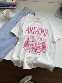 Oversized Pink Horizontal Line Mountain Scenery Patterned White Round Neck Short Sleeve Women's T-Shirt, Tee Perfect For Summer Vacations White Casual  Half Sleeve Knitted Fabric Graphic,Letter,Plants  Slight Stretch Summer Women Clothing, size features are:Bust: ,Length: ,Sleeve Length: