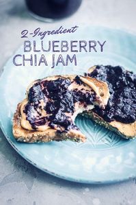 This delicious, easy, sugar-free blueberry chia jam is ready in 10 minutes with just 2 ingredients. Make some today and try it on PB & J toast! #runningonrealfood #chiajam #vegan