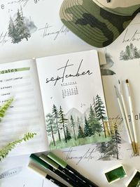 This is now on Patreon, video tutorial with worksheets #bujoinspiration #bujo #september #coverpage #forest #watercolour