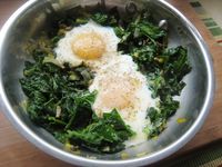 Skillet-Poached Eggs with Spinach, Pea Tendrils, and Leeks