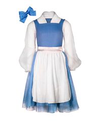 Shipping August 1st, 2024 Let your little one step into the magical world of Beauty and the Beast with our Belle-inspired village dress. This delightful dress draws inspiration from Belle's charming blue outfit, seen in the beginning of the beloved story when she strolls through her village, engrossed in her favorite book. Crafted from soft stretch blue fabric, this dress ensures both comfort and elegance for your little princess. The classic white apron adds a touch of timeless charm, while the silver stretch belt provides a perfect, princess-worthy fit. The skirt is a vision of layered enchantment, featuring multiple tiers of sparkly blue tulle that shimmer and shine with every step. Underneath, a cotton underskirt ensures ultimate comfort, allowing for hours of play and imaginative adve