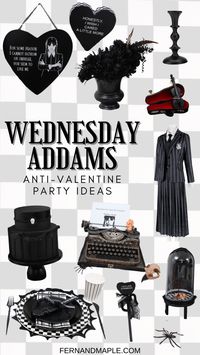 Everything you need to throw a fun Anti-Valentine's Day party inspired by Wednesday Addams. Get details and tons more party inspiration now at www.fernandmaple.com.