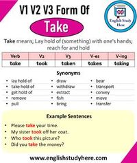 Past Tense of Take, Past Participle of Take, V1 V2 V3 V4 V5 Form of Take Take means; Lay hold of (something) with one’s hands; reach for and hold Verb V2 V3 V-es V-ing take took taken takes taking Synonym Words With Take lay hold of take hold of get hold of remove pull draw withdraw extract fish bring bear transport convey move transfer Example Sentences with Take Please take your time. My sister took off her coat. Who took this picture? Did you take the money? Here are more verbs and v1 v2 v3