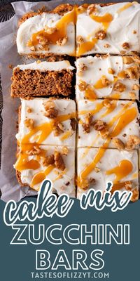 Make zucchini bars with cake mix to use up your abundance of garden zucchini. The spice cake mix matches perfectly with the cream cheese frosting.