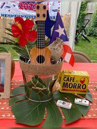 Bucket, Flag, Faux Leaves, Faux Hibiscus, handmade Pastele Magnet, Straw Hat Magnet, Toy Guitar, Tiny Burlap Bag, Coffee, Puerto Rican Dominoes