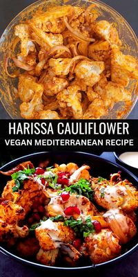 Roasted harissa cauliflower is a flavorful side dish from Morocco. The dish has a mild kick that comes from harissa paste used in the recipe. The dish is served with a simple creamy tahini sauce, pomegranate, and fresh herbs, they deliciously compliment the heat of spicy harissa paste.