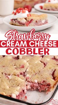 Strawberry Cream Cheese Cobbler made from scratch with fresh strawberries and bits of cream cheese. Sweet strawberry dessert that is delicious all year long!