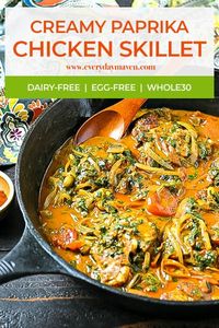 Paprika Chicken Skillet loaded with veggies in a non-dairy creamy sauce is a 30-minute weeknight meal that is Whole30, GF, and Low Carb! Can be made spicy! #skilletdinner #chickendinner #paprikachicken #whole30dinner #paprika #chickenrecipes #onepan #castiron #whole30recipes #dairyfree #lowcarb