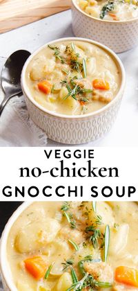 An easy, fast, and creamy vegan chicken gnocchi soup recipe. This comforting vegan soup is dairy free and uses plant-based chicken (Morning Star brand) to create a super filling soup perfect for any fall or winter dinner. This thick and creamy soup is similar to a stew but is fast & takes less than an hour! Hearty and high protein this soup tastes like a chicken pot pie in soup form! A vegan version of the Panera copycat recipe.