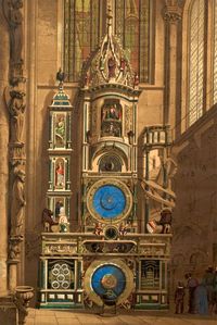 This early example of color lithography shows the astronomical clock at Strasbourg Cathedral in France which the Ridgelys likely visited during their trip to Europe in 1846-1848. The clock is one of the largest of its kind in the world and had just been completed in 1843. The cathedral itself was at that time the tallest building in the world, making it a likely destination for American tourists.