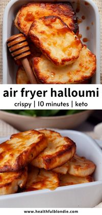 This crispy air fryer halloumi is soft on the inside, golden on the outside, and ready in 10 minutes. Top it with a drizzle of honey for the best sweet and salty appetizer or side dish. The easiest and best way to cook halloumi cheese!