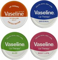 Vaseline Lip Balm Petroleum Jelly 20g Lip Therapy.  Cocoa Butter,  Aloe Vera Rosy Lips and  Original Flavour. Soothes Dry Lips  Pack of 4 different flavours