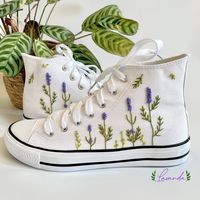 "-LAVENDER EMBROIDERED SHOES- 🌈DESCRIPTION: Hello everyone, I am happy to share with you my new handmade shoes! This time I am experimenting a new technique: EMBROIDERY. I create your unique shoes from scratch by hand, in my little studio. Everything is done by me, from the design to the embroidery process to the packaging of the product. You will receive a unique pair of shoes which I will personally embroider by hand just for you.  * * * * * * * PLEASE kindly note that the Lavender design is