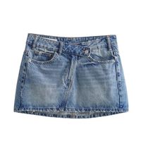 Women's Dark Blue Bleach Wash Faded Vintage Retro Slim Fit Asymmetric Mid-Rise Denim Jean Short Mini Skirt With Pockets. Spring 2024 Summer Casual Denim Skirt.