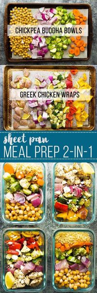 Prep these chickpea buddha bowls and Greek chicken wraps all at the same time for some variety in your meal prep lunches, ready in under 45 minutes! No more eating the same thing for four days in a row!