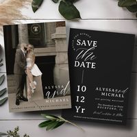 This elegant and simple black and white modern typography wedding save the date, features a hero cover photo with bride & groom names, oversized script "and" in white, and spelled-out wedding date wording overlay, along with save the date half circle wording and modern design details, including wedding website, on the back over a beautiful moody solid black background. Personalize the wording for your big day, easily upload your photo! You may even edit / adjust placement of design components or