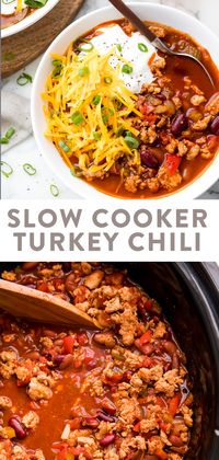 This is the best slow cooker turkey chili recipe ever! It's super flavorful but not too spicy, and it's filling, healthy, quick, and easy to make. The Crockpot lets it simmer for a rich flavor with no hovering over the stovetop. Perfect for fall, tailgating, and parties. #crockpot #slowcooker #chili #tailgating #healthyrecipes