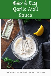 Making garlic aioli in your own kitchen has never been so quick and easy! In less than 10 minutes, this creamy condiment combines basic pantry ingredients and is made without eggs. And it tastes better than any store-bought version! #garlicaioli #aioli #aiolisauce #garlicmayo #homemadeaioli | recipesworthrepeating.comrn