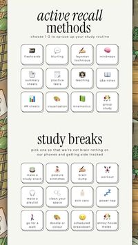 Active recall is a study method that will help you to deeply learn the content. Taking breaks is essential to boost your performance, distract your mind with some of this activities.📚💭✨