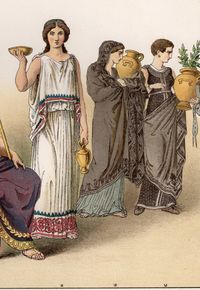 Title: Representation of Greek clothing and costumes in antiquity as an original colored chromo lithograph from 1882 Description: Color-contrasting depiction in two rows from a grieving woman to athletes. Dimensions of the sheet: Width: approx. 22 cm | Height: approx. 32 cm Condition: Antique chromo-lithograph from around 1882, with wonderful, sharp contours and clear representation, paper browned due to age, otherwise in good condition. Attention: This is an original, not a reprint and in very