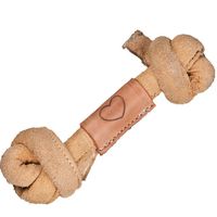 Our Leather Knotted Bone Dog Toy is an innovative bone-shaped chew toy, delivers hours and hours of all-natural chew satisfaction, ushering in a new era for chew-obsessed pups. Made from tanned water buffalo, with tanned cow hide in the middle, and stuffed with cotton rope, this all-natural rawhide delivers the shape and chew satisfaction of rawhide, but with all-natural materials. Also helps clean teeth and exercise jaws while delivering chew-fun. Sizing Info Small:3-4" (Approx. 9mm diameter)Me