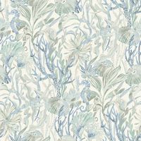 Enjoy a glimpse into an undersea world with this charming coral reef wallpaper. Jellyfish and seahorses navigate a rich, underwater landscape of seaweed and coral, the details illustrated in shades of blue and aqua. Kelp Garden is a prepasted, sure strip wallpaper. Size: 20.5-in by 33-ft.