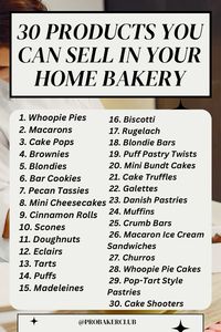 Discover 30 unique and delicious baked goods perfect for any home baking business! From decadent Whoopie Pies and elegant Macarons to scrumptious Cake Pops and fudgy Brownies, this comprehensive list includes everything you need to elevate your home baking game. Explore our variety of treats like Mini Cheesecakes, Cinnamon Rolls, and flaky Scones, ideal for impressing clients or guests. Whether you're specializing in artisanal pastries or classic favorites, these ideas will help you stand out. #HomeBaking #BakedGoods #WhoopiePies #Macarons #CakePops #Brownies #MiniCheesecakes #Scones #BakingBusiness #DessertIdeas #PastryChef #BakingFromHome #Foodie