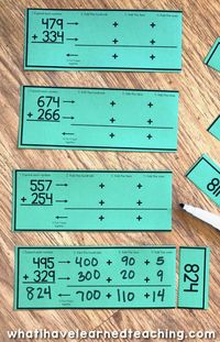 These three-digit addition math centers or task cards help students practice five different addition strategies: use a number line, use base-10 blocks, break apart the addends, use Vs, and vertical addition. The scaffolded levels provide plenty of practice and steps for students to be successful when adding three-digit numbers using a variety of addition strategies. #threedigitaddition #mathcenters #mathstations #secondgrademath