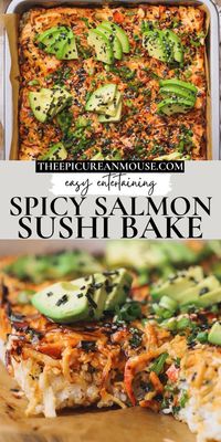 This spicy salmon sushi bake has all the flavors of sushi baked into one pan. Layers of sushi rice, seaweed, and a delicious creamy salmon mixture broiled to perfection and served with sheets of nori, ripe avocado and spicy mayo.