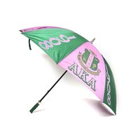 Alpha Kappa Alpha Sorority, Incorporated jumbo umbrella. Manual open/close umbrella with alternating pink/green panels. The umbrella is constructed with a fiberglass shaft for strength and has enough room for two when it's open. The Alpha Kappa Alpha shield, Founding Year, and Sorority name are imprinted on the umbrella panels. The umbrella is able to invert for added protection. The umbrella has a 60" span when opened.