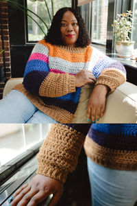 Hey bestie! It’s time to show off those crochet skills and finally make the staple piece your wardrobe has been missing. The Maple Sweater brings the coziness of a raglan pullover and the adventure of color into a piece that will have everyone asking, “OMG, where did you buy that?!”. Face your fear of crocheting a sweater with this easy peasy pattern.

The Maple Sweater pattern is part of the Happy Place pattern collection, designed to complement Happy Place Apricity Yarn.