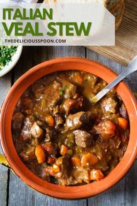 A hearty, class classic Italian veal stew recipe topped with zesty fresh gremolata. Serve this rustic veal stew recipe over a bed of polenta! #vealstew #vealrecipes #vealstewrecipes #veal #dutchovenrecipes #dutchovenstewrecipes #dutchovenstews #stewrecipes #Italianrecipes