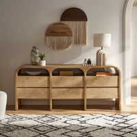 Crescent features drawers that stack beneath an open storage shelf. Curved edges and mappa burl finishing lend a modern touch to your space.