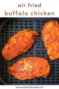 Healthy air fried buffalo chicken breasts that are moist, perfectly crispy, and super easy to make in an air fryer. You can use store bought sauce or make your own homemade buffalo sauce with three simple ingredients. Such a delicious 20 minute meal that everyone will love! #KetoRecipe #AirFriedBuffaloChicken #AirFriedRecipe